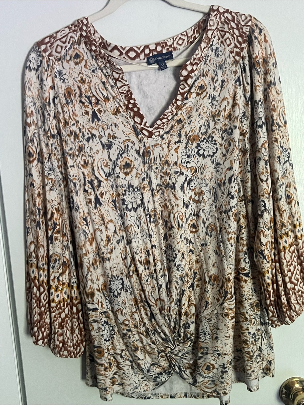 Democracy Women's V-Neck Knot Front Printed Blouse in Brown/Cream